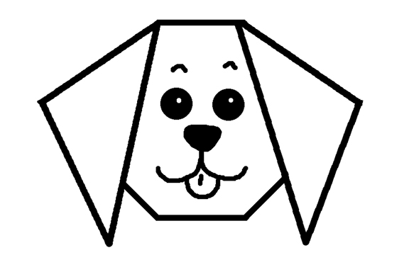 A black and white line drawing of a simple origami puppy.