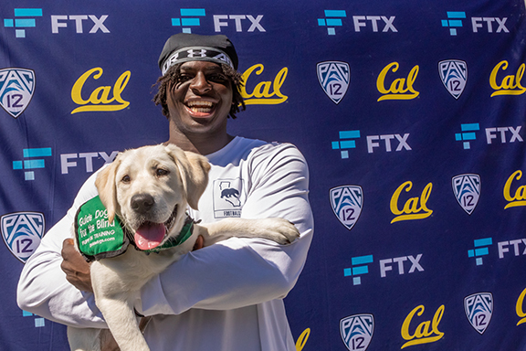 A smiling Cal football player holds a smiling guide dog puppy.