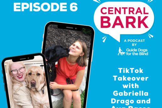 Promotional image of Central Bark episode 6 featuring two side by side images of Ava Basso and her yellow Lab guide dog and Gabriella Drago and her black Lab guide dog. The images appear to be on a cell phone. Text on the image reads "TikTok Takeover with Gabriella Drago and Ava Basso"