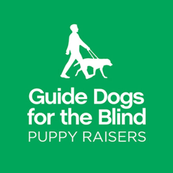 Guide Dogs for the Blind Puppy Raising logo against a green background.