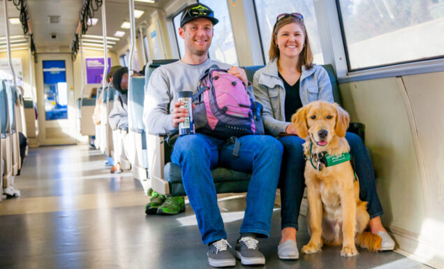 Two people sit on a train with a guide dog puppy by their side.