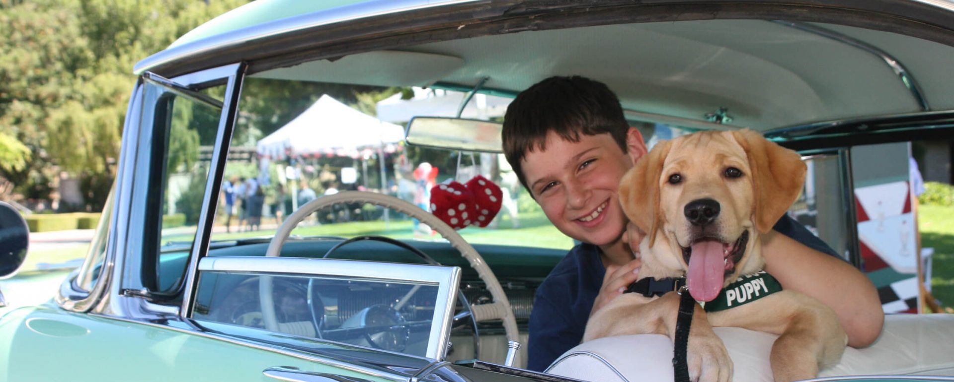 A young puppy raiser sits in the front seat of a vintage car with his guide dog puppy.